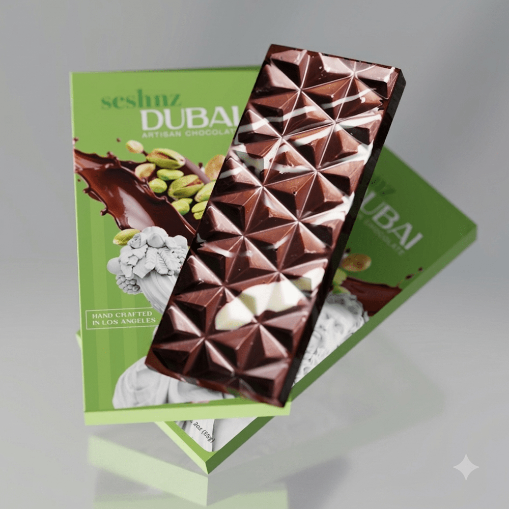 A Seshnz Dubai Chocolate bar with a geometric, faceted pattern with a green packaging box