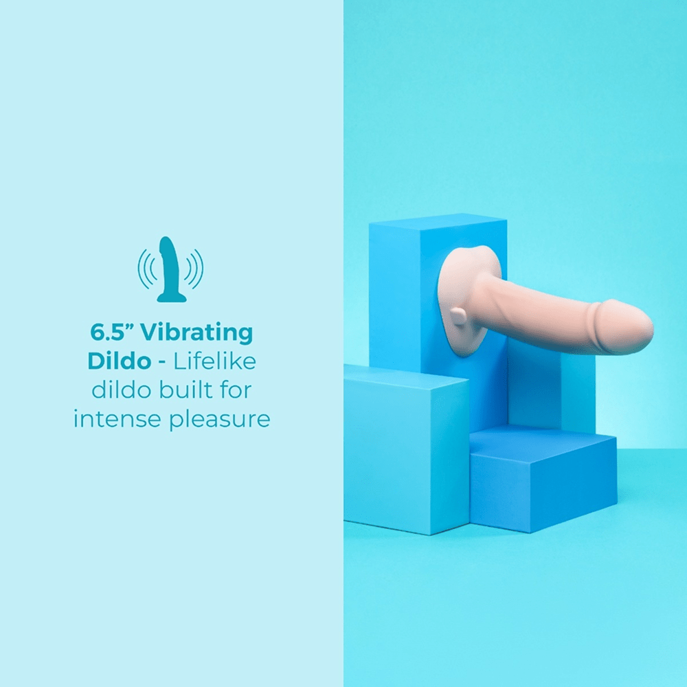 B-Vibe Every Body Vibrating Strap-On Dildo in a blue studio environment with props and text that reads "6.5" vibrating dildo: lifelike dildo built for intense pleasure"