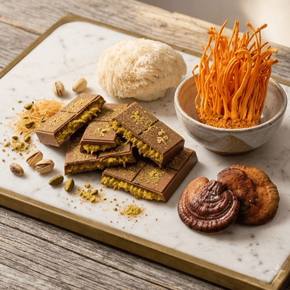 A styled food product shot showing a chocolate bar with pistachio filling and lion's mane, reishi, and cordyceps mushrooms arranged on a white marble board with a wooden edge, set on a rustic wooden table