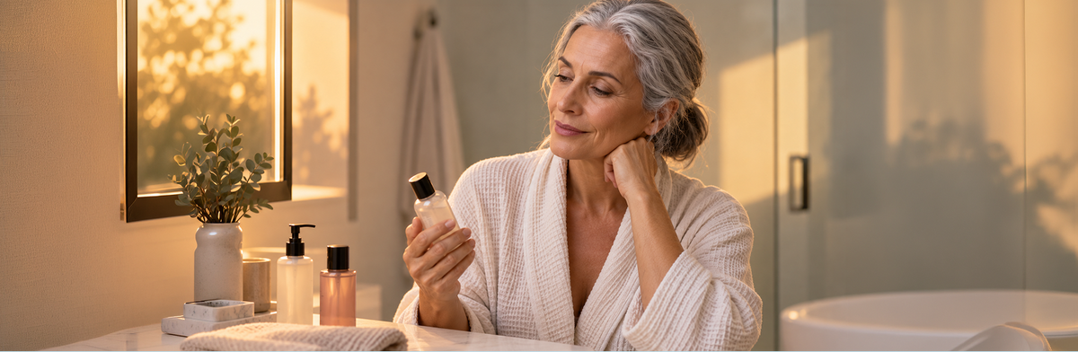 Woman in a white robe opens a personal lubricant tube.
