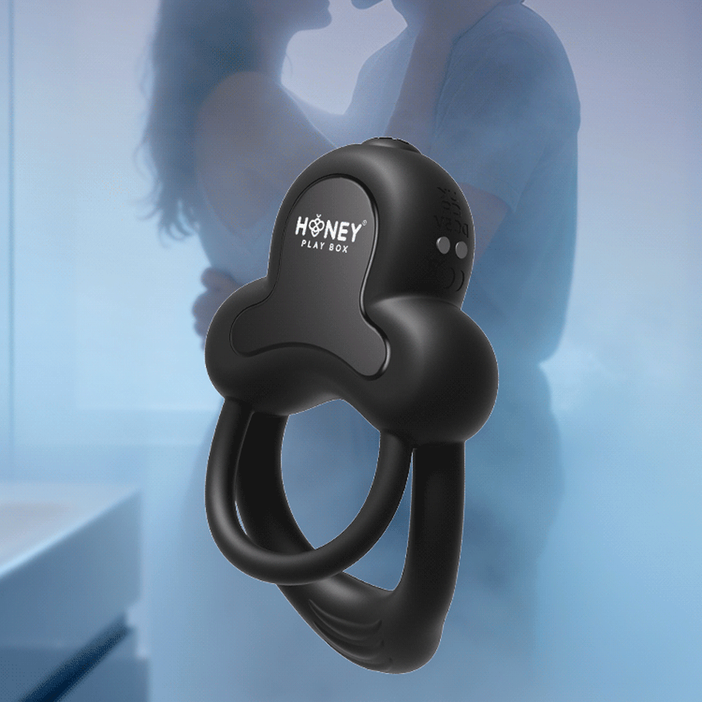 Honey Play Box Anello App-Controlled Vibrating Cock Ring - animation of the flexible rings vibrating with a photo of a couple embracing in the background