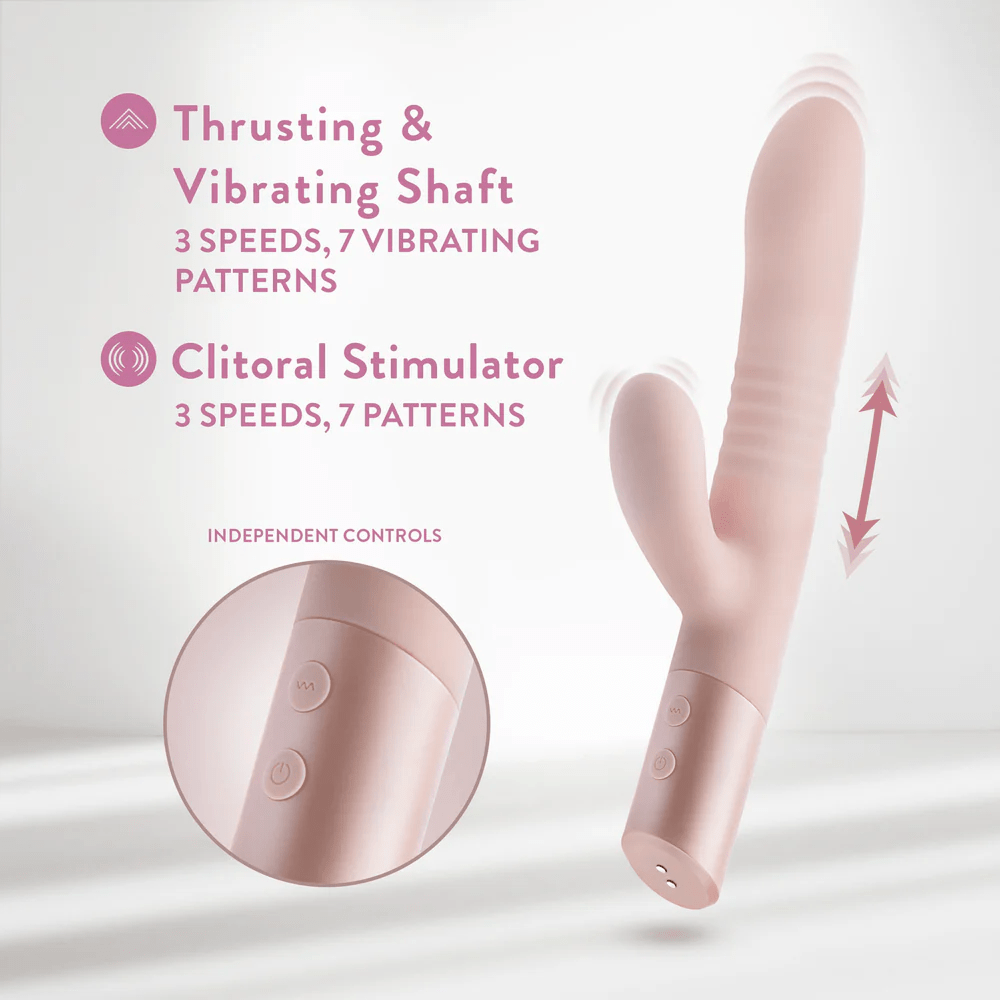 Blush Fraya Thrusting G-Spot Clitoral Rabbit Vibrator features: photo of product with pink text that says "Thrusting & Vibrating Shaft (3 speeds, 7 vibrating patterns); Clitoral Stimulator (3 speeds, 7 patterns); independent controls