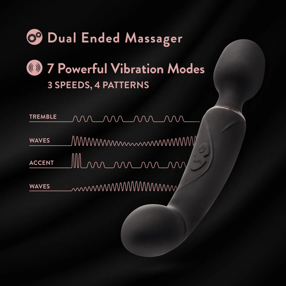 Blush Gia Two-in-One Wand Massager photo on a black background with features and pink text: "Dual-ended massager; 7 powerful vibration modes (3 speeds, 4 patterns)"