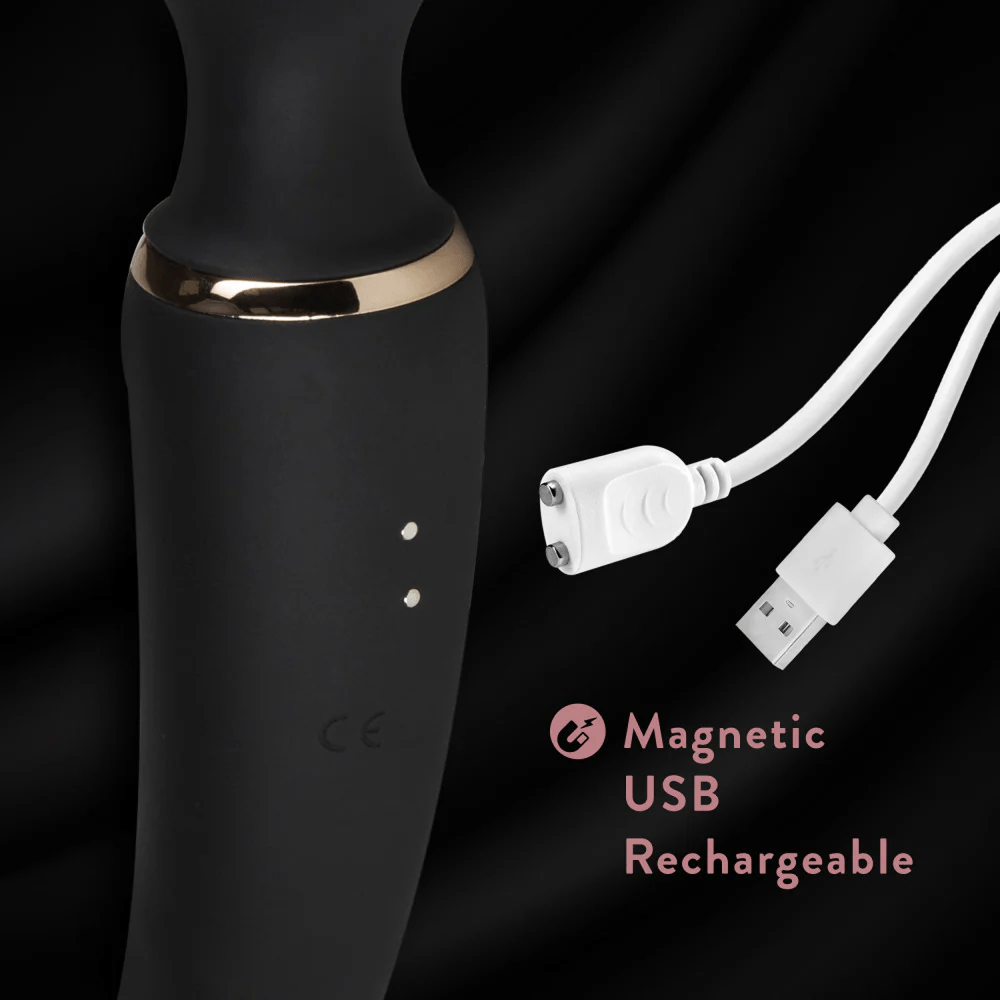 Blush Gia Two-in-One Wand Massager photo on a black background with white USB cord showing magnetic USB rechargeable feature