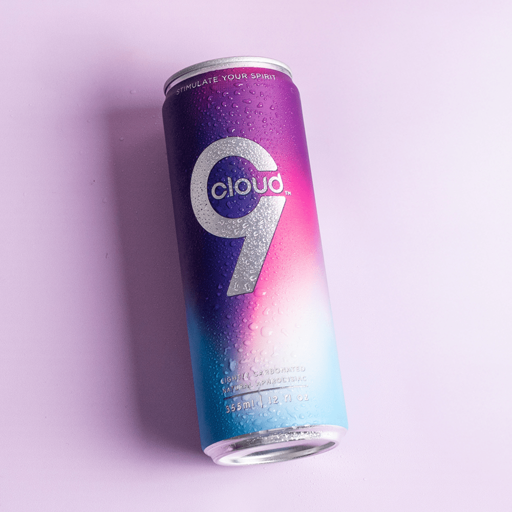 Cloud 9 Aphrodisiac Drink can covered in water drops on a light purple background