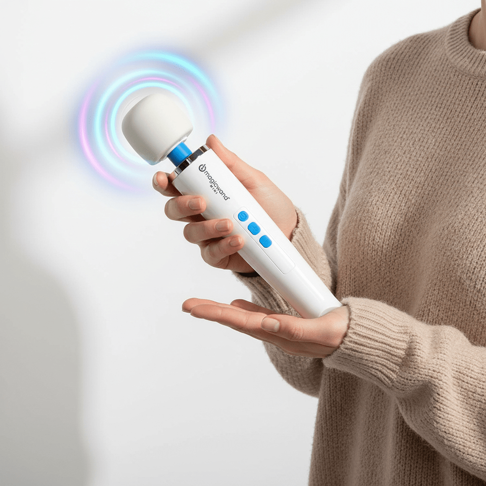 Photo of a woman holding a Hitachi Magic Wand Mini with a blue pulsation graphic behind the silicone head with a light tan background and studio lighting