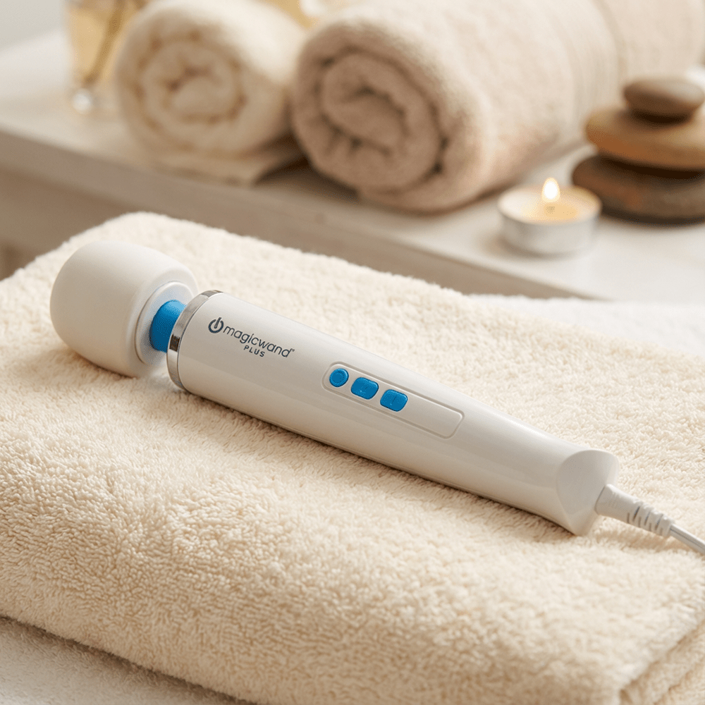 Hitachi Magic Wand Plus HV-265 wand massager photo on beige towels with soft natural lighting and candles in the background