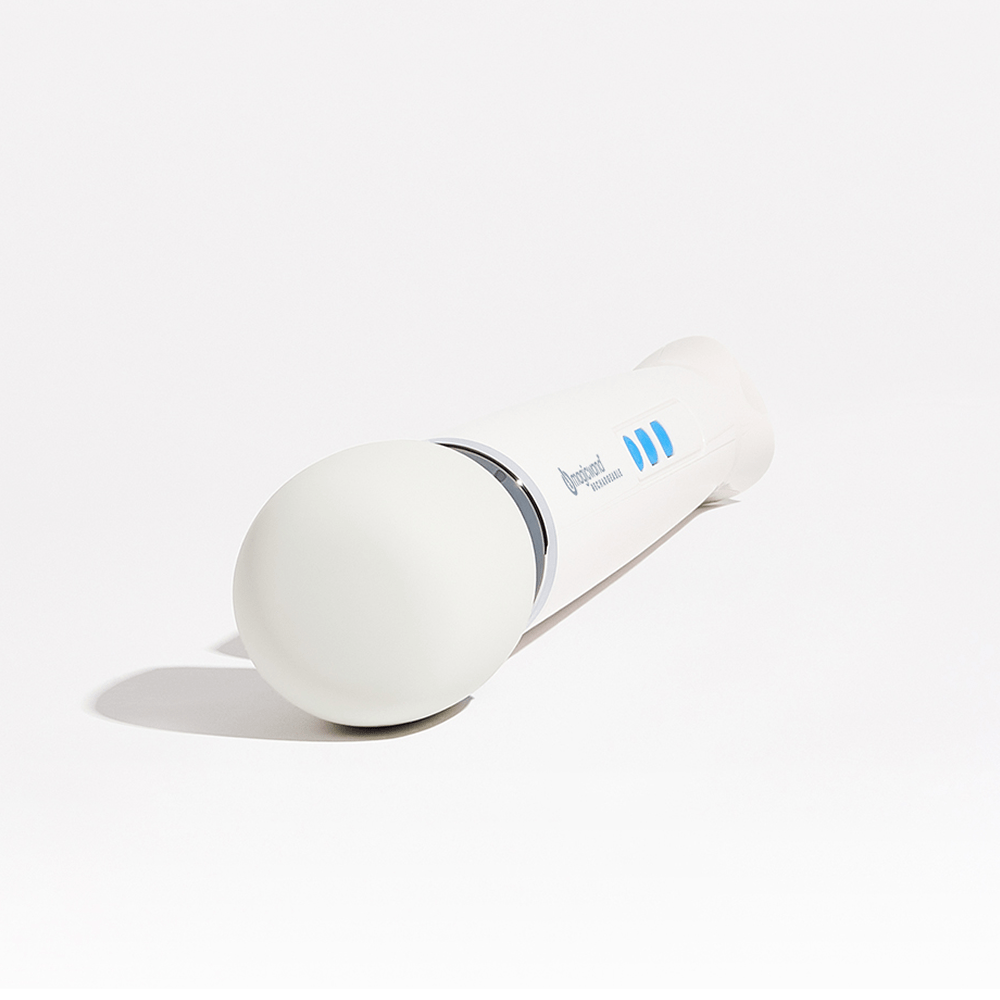 Hitachi Magic Wand Rechargeable HV-270 angled view showing smooth silicone head on a white background with overhead lighting