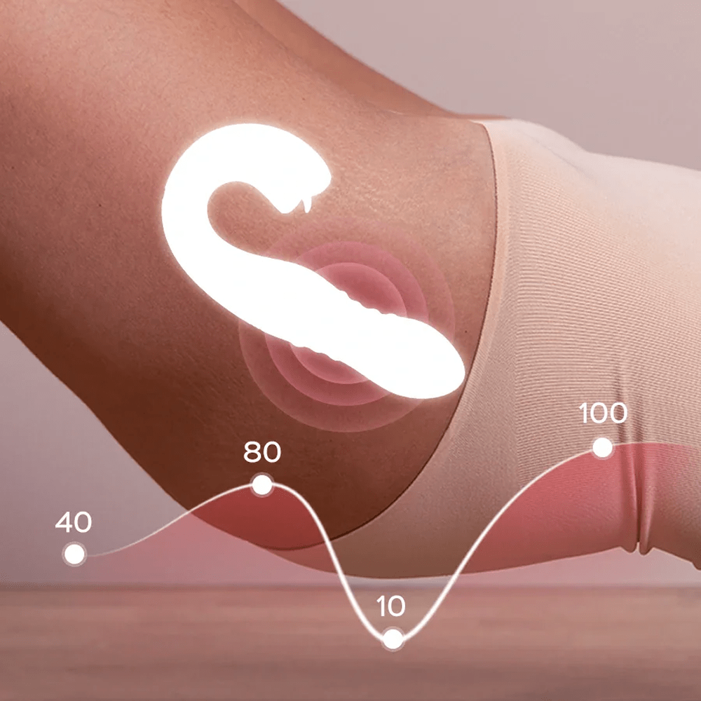 Honey Play Box Joi Thrust 2 App-Controlled Dual-Stimulation Clitoral Vibrator - photo of the side of a woman's hip/thigh with a silhouette of the product's shape with it's anatomical placement and a line graph in the foreground showing the product's ability to track datapoints