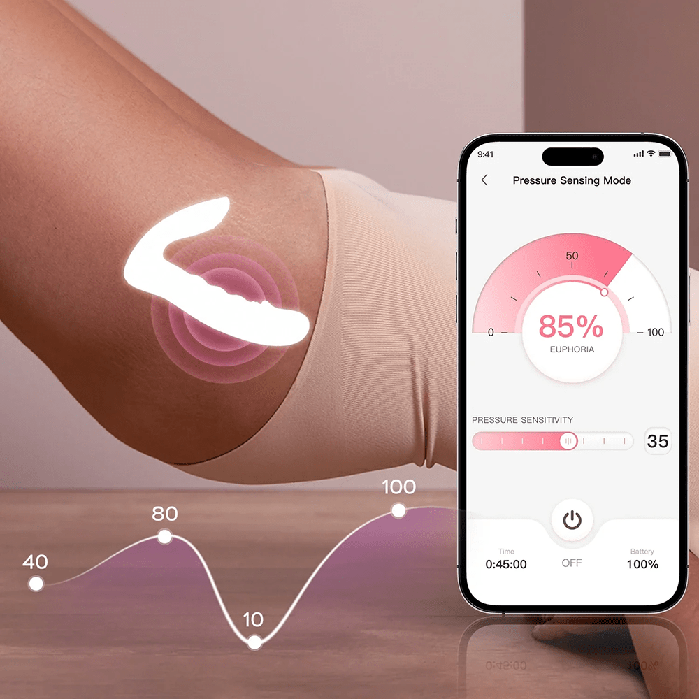 Honey Play Box Rora 2 App-Controlled G-Spot and Clitoral Vibrator: photo of the side of a woman's hip showing anatomical placement with a white silhouette of the product next to a smartphone displaying the Pressure Sensing Mode screen of the Honey Play Box app