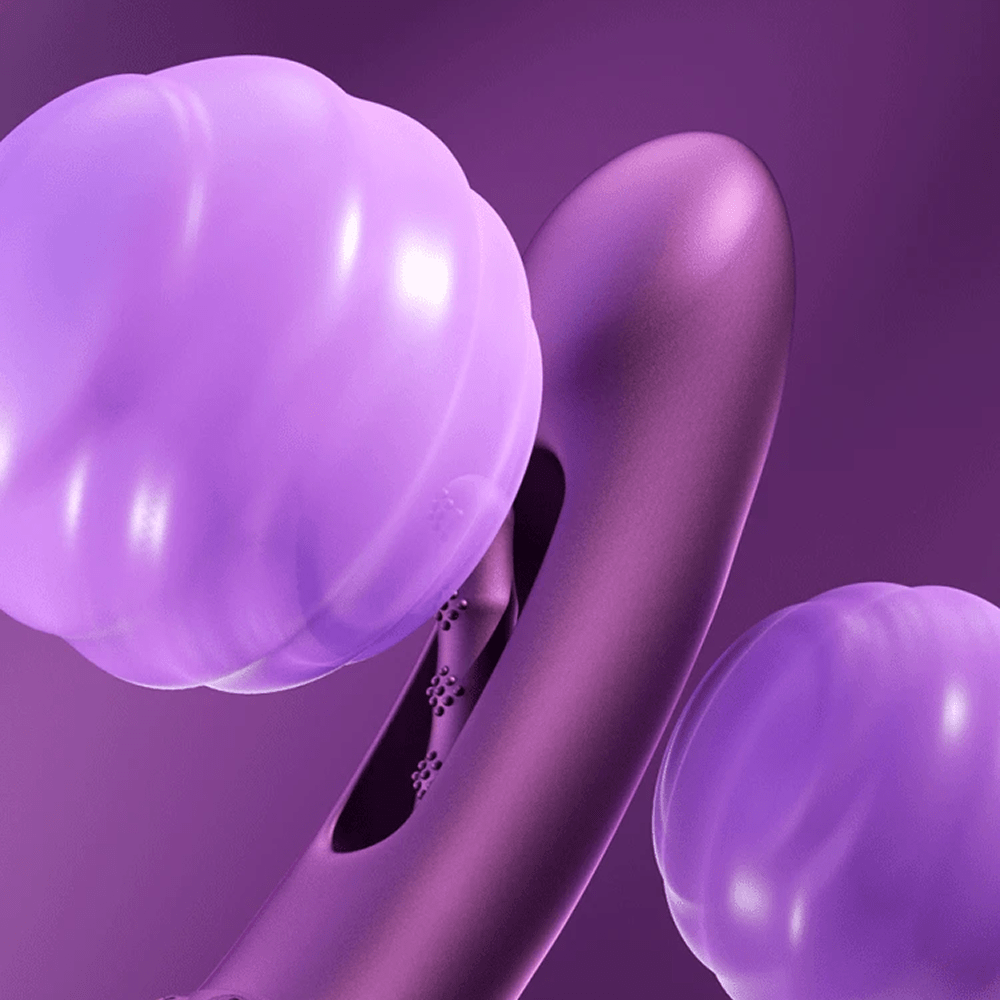 Honey Play Box Tempo App-Controlled Tapping Vibrator - close-up 3D rendered video of the product's tapping mechanism moving back and forth and touching spherical gelatinous objects showing rippling vibrations