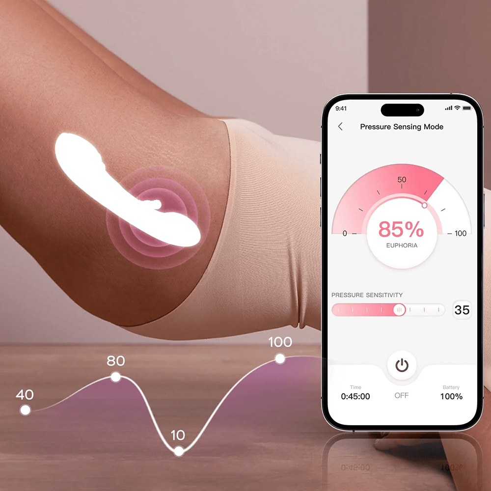 Honey Play Box Tempo App-Controlled Tapping Vibrator - white silhouette of product showing anatomical placement on photo of the side of a woman's hip with a smartphone in the foreground showing a screen of the Honey Play Box app