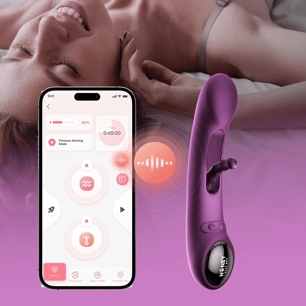 Honey Play Box Tempo App-Controlled Tapping Vibrator - photo of the product next to a smartphone with a screen of the Honey Play Box app and a photo of a woman smiling in the background
