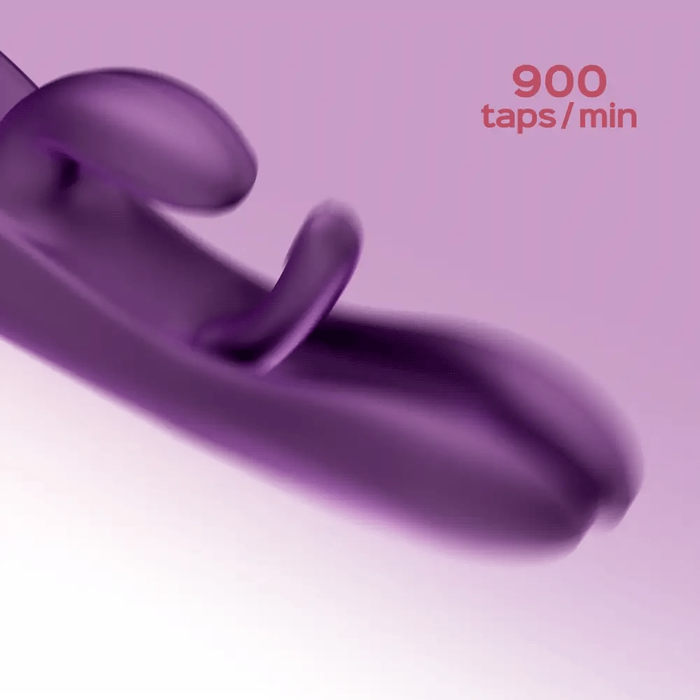 Honey Play Box Terri App-Controlled Tapping Rabbit Vibrator - close-up video of the tip of the product showing tapping and vibrating mechanism on a light purple background with red text that says "900 taps/min"