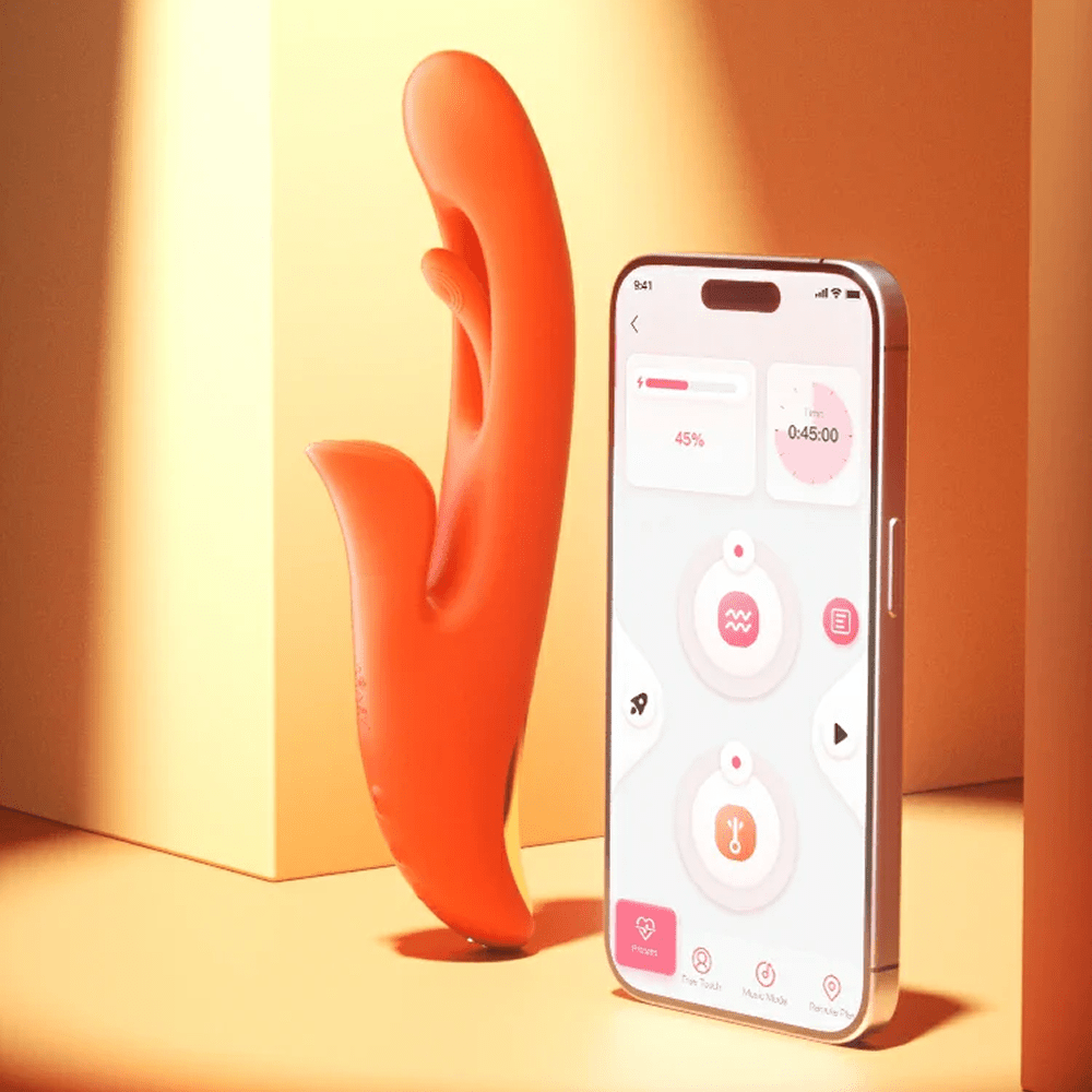 Honey Play Box Tressa App-Controlled Tapping Rabbit Vibrator next to a smartphone showing a screen of the Honey Play Box app