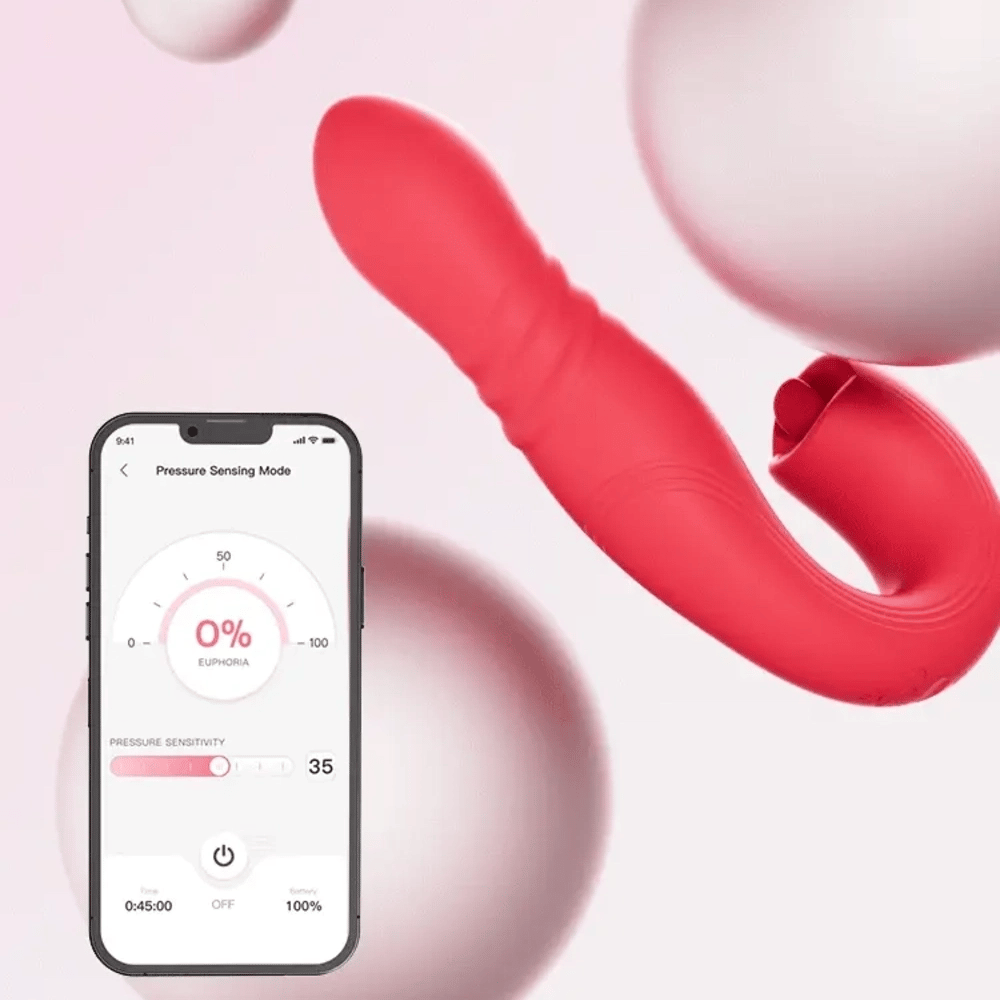 Honey Play Box Joi Thrust 2 App-Controlled Dual-Stimulation Clitoral Vibrator - animation of product in a rendered environment with spherical objects showing vibrations and a smartphone in the foreground showing the Honey Play Box app