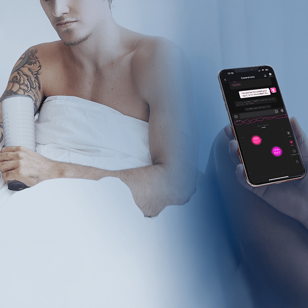 Photo of man holding Lovense Max 2 Interactive App-Controlled Motorized Male Masturbator and smartphone showing Lovense Remote App screen