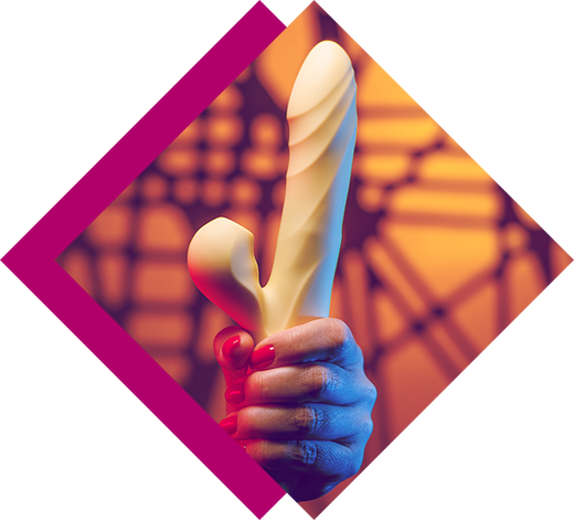 A woman holding a dildo sex toy