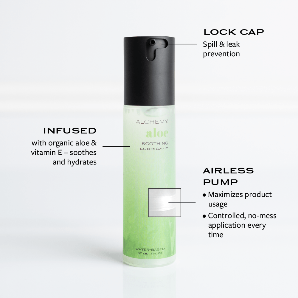 Alchemy Aloe lubricant bottle with features highlighted on a white background