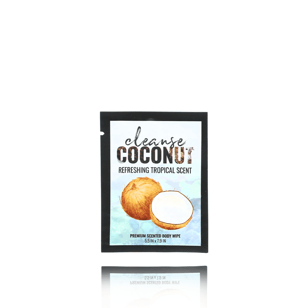 Alchemy Cleanse Coconut Scented intimate wipe packaging with a tropical design on a white background