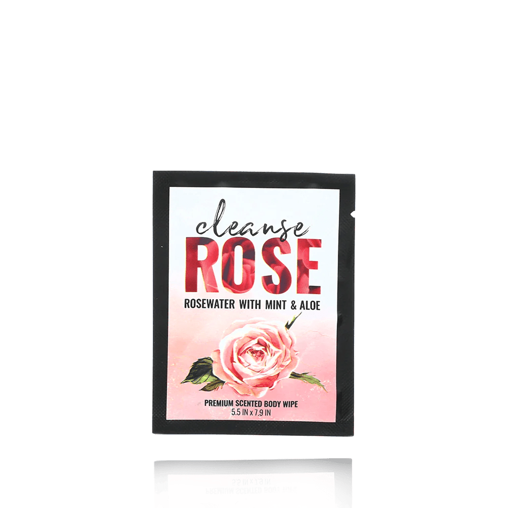 Alchemy Cleanse Rosewater intimate wipe packet on a white background