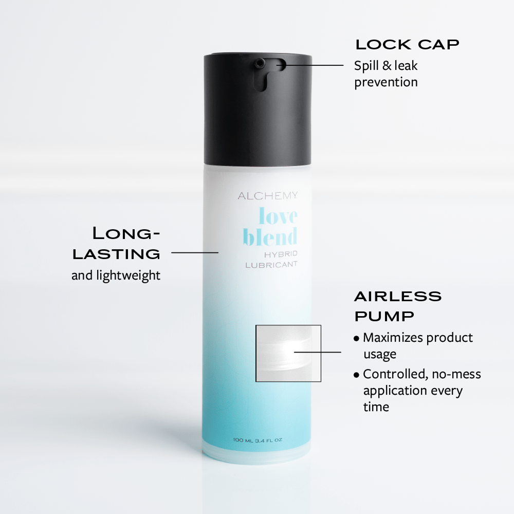 Alchemy Love Blend lubricant bottle with features highlighted on a white background