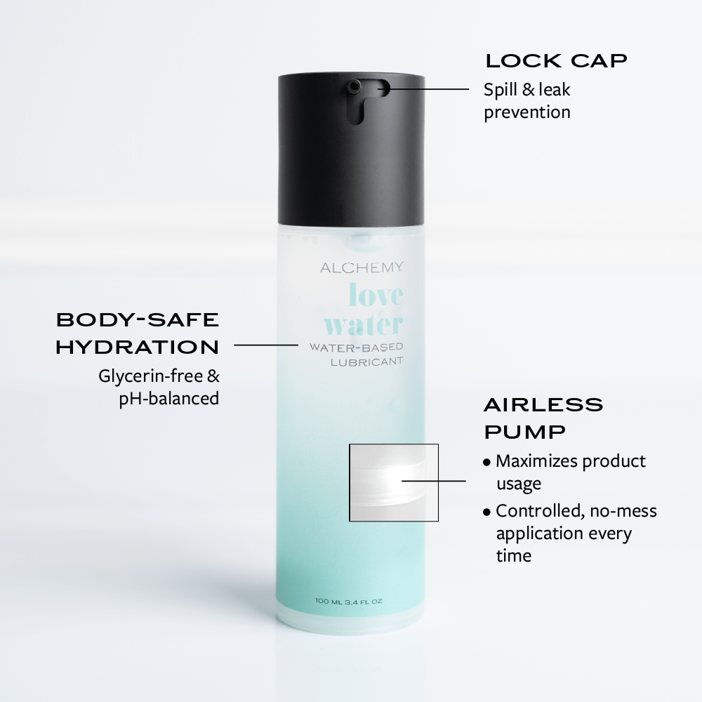 Bottle of Alchemy Love Water with labeled features on a white background