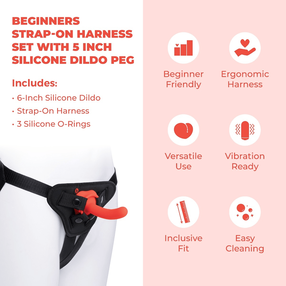B-Vibe Beginners Strap-On Harness Set with 5-Inch Silicone Dildo Peg with icons and text that reads "Includes 6-inch silicone dildo, strap-on harness, 3 silicone O-rings"