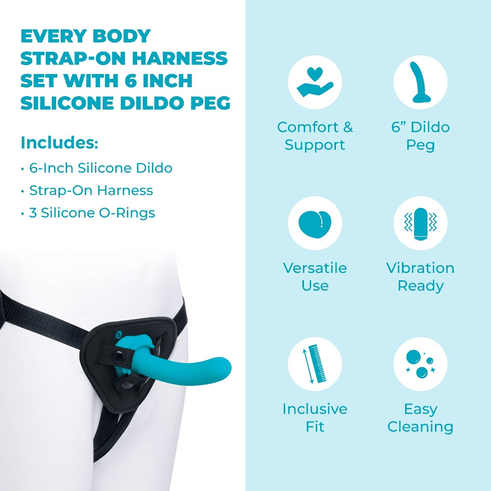 B-Vibe Every Body Strap-On Harness Set with 6-Inch Silicone Dildo Peg with text that reads "Includes 6-inch silicone dildo, strap-on harness, 3 silicone O-rings" and icons on a blue and white background