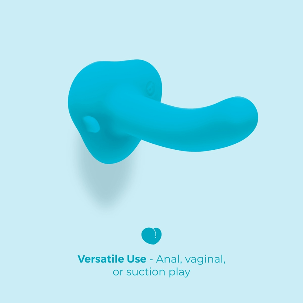 B-Vibe Every Body Strap-On Dildo blue sex toy on a blue background with text that reads "Versatile use: anal, vaginal, or suction play"