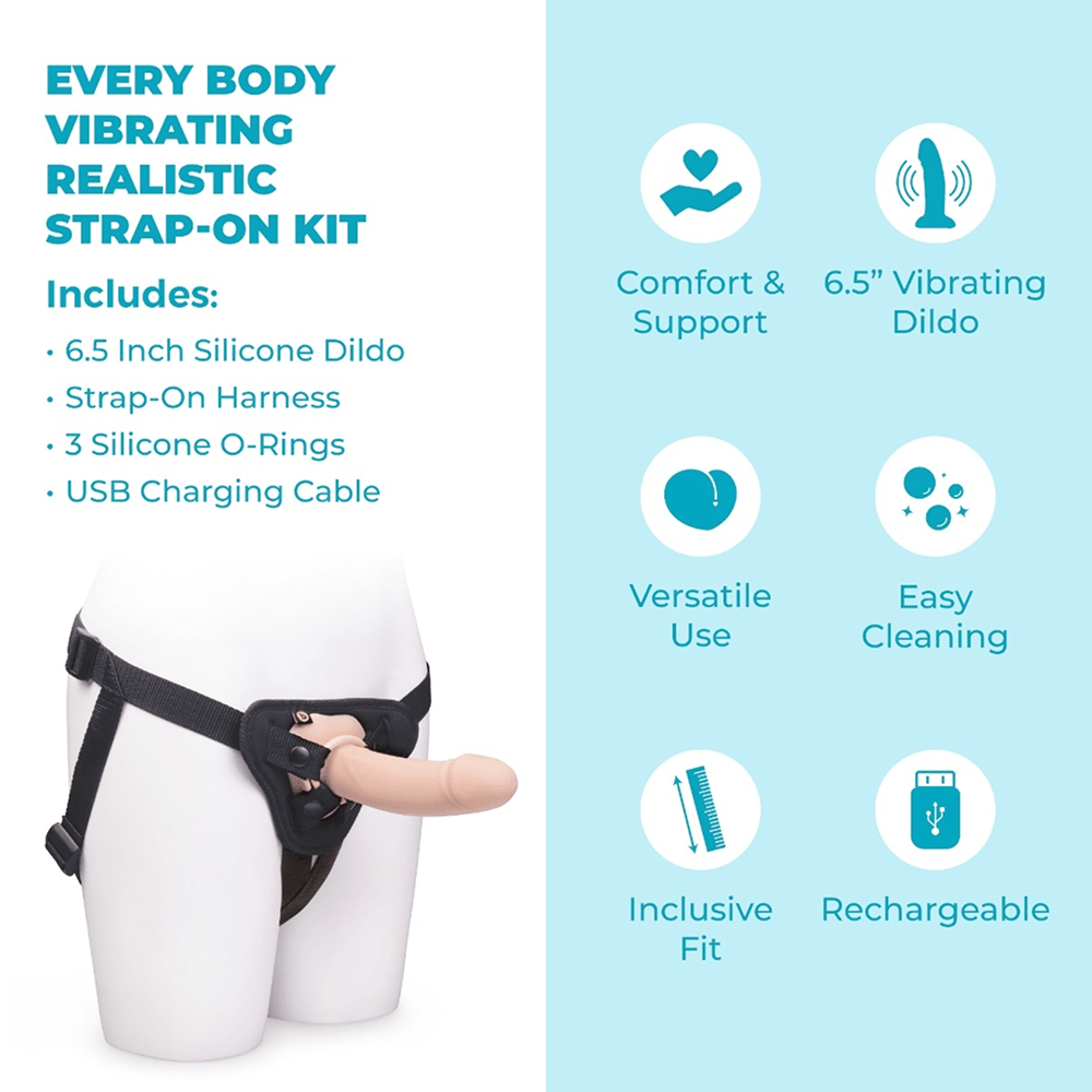 B-Vibe Every Body Vibrating Strap-On Dildo Kit on a white and blue background with text that reads: "Includes 6.5-inch silicone dildo, strap-on harness, 3 silicone O-rings, USB charging cable"