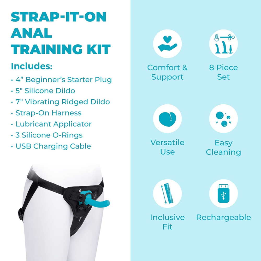 B-Vibe Strap-It-On Anal Training Kit with features listed and icons on a blue and white background: includes 4" beginner's starter plug, 5" silicone dildo, 7" vibrating ridged dildo, strap-on harness, lubricant applicator, 3 silicone O-rings, USB charging cable
