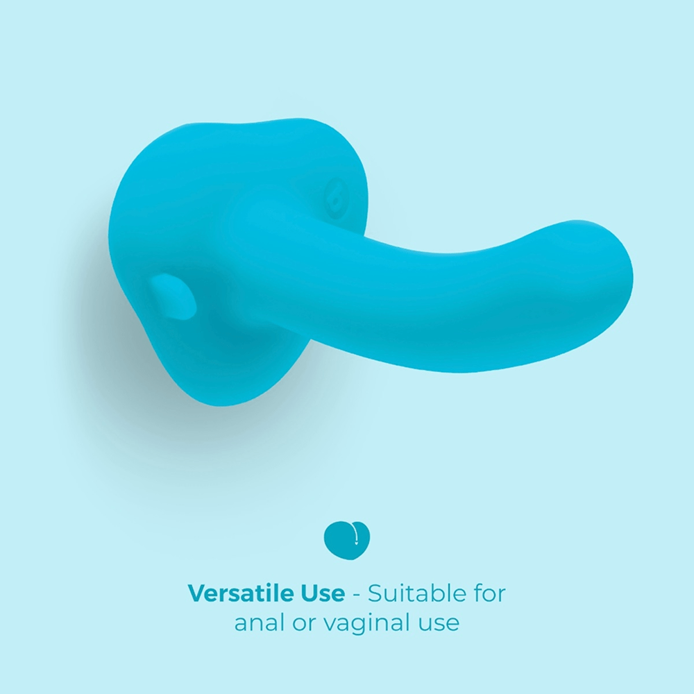 B-Vibe Strap-It-On Anal Training Kit blue toy with text that says "Versatile use: suitable for anal or vaginal use" on a light blue background