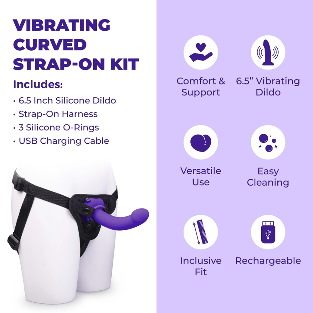 B-Vibe Vibrating Curved Strap-On Dildo Kit with text and icons on a white and purple background: "Includes 6.5" silicone dildo, strap-on harness, 3 silicone O-rings, USB charging cable"