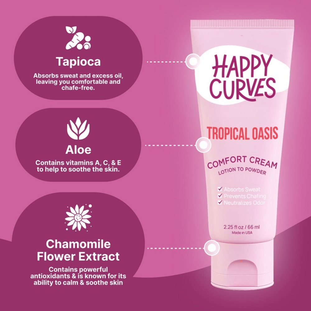 Happy Curves tropical oasis Comfort Cream tube with ingredients on a pink background: tapioca, aloe, chamomile flower extract