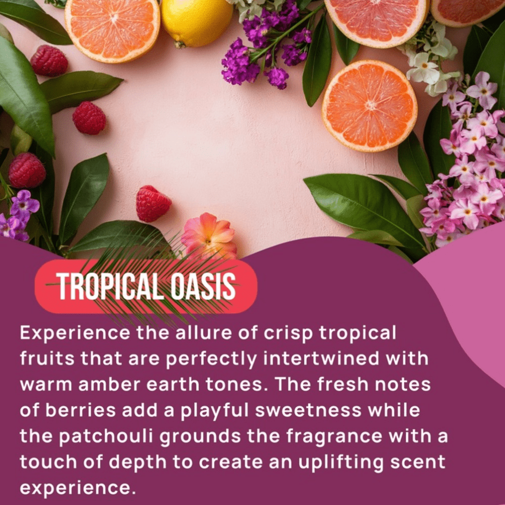 Fruits and flowers arranged in a circular pattern with text overlay on a pink background highlighting Happy Curves pH-Balanced Intimate Wash for Women Tropical Oasis scent