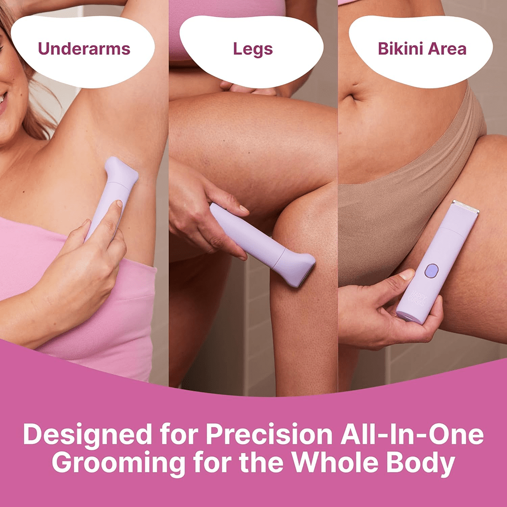 Happy Curves Smoothie 2.0 body hair trimmer for women being used on underarms, legs, and bikini area with text indicating its use for precision grooming