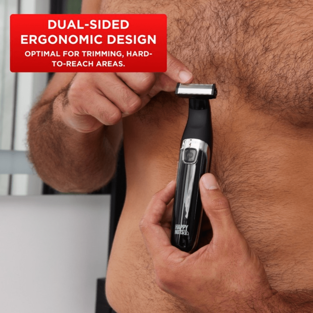 Person holding a Happy Nuts Ballber electric shaver ergonomic shaver with text highlighting design features: "dual-sided ergonomic design: optimal for trimming, hard-to-reach areas"