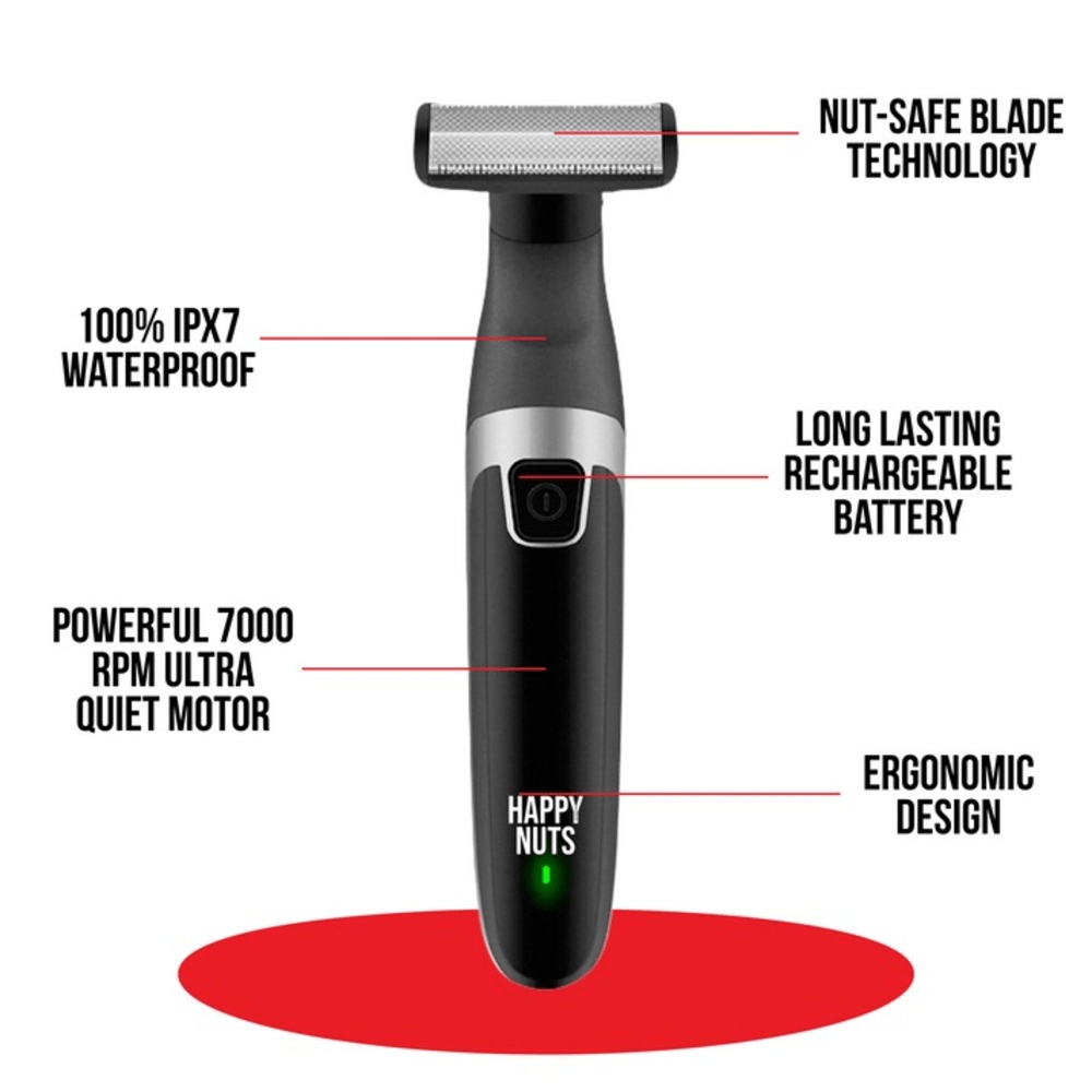 Happy Nuts Ballber electric body hair trimmer for men with features highlighted on a white background: "nut-safe blade technology; 100 IIPX7 waterproof; long-lasting rechargeable battery; powerful 7000 RPM ultra quiet motor; ergonomic design"