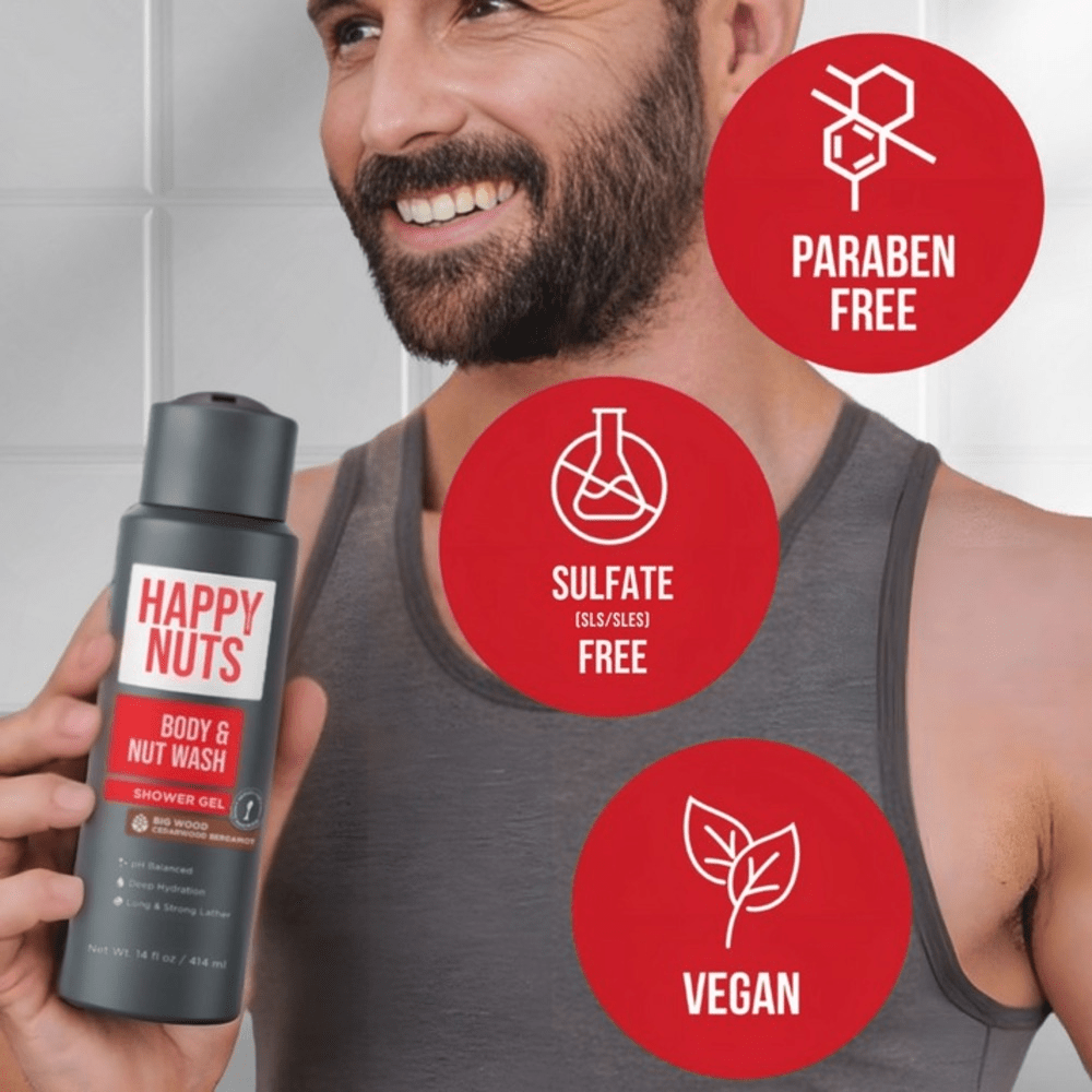 Man holding a bottle of Happy Nuts Body Wash with product features highlighted: paraben-free, sulfate-free, vegan