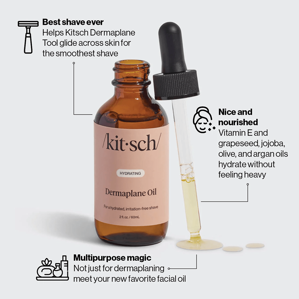 Kitsch Dermaplane Oil bottle with dropper on a light gray background and text highlighting product features: "Best shave ever: helps Kitsch Dermaplane Tool glide across skin for the smoothest shave. Nice and nourished: Viitamin E, grapeseed, jojoba, olive, and argan oils hydrate without feeling heavy. Multipurpose magic: not just for dermaplaning; meet your new favorite facial oil"
