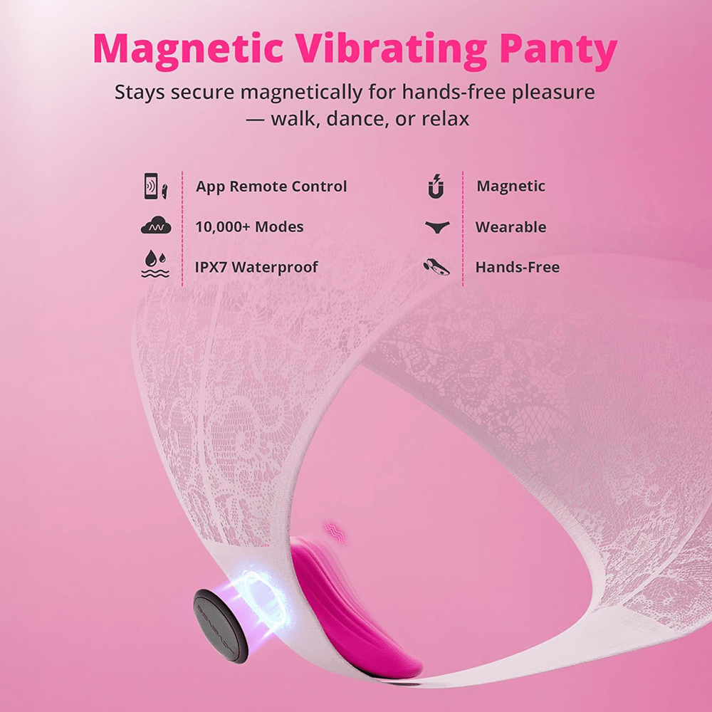 Lovense Ferri app-connected magnetic vibrating panty vibrator with features listed on a pink background: 'stays secure magnetically for hands-free pleasure—walk, dance, or relax. App remote control; 10,000+ modes; IPX7 waterproof; magnetic; wearable; hands-free"