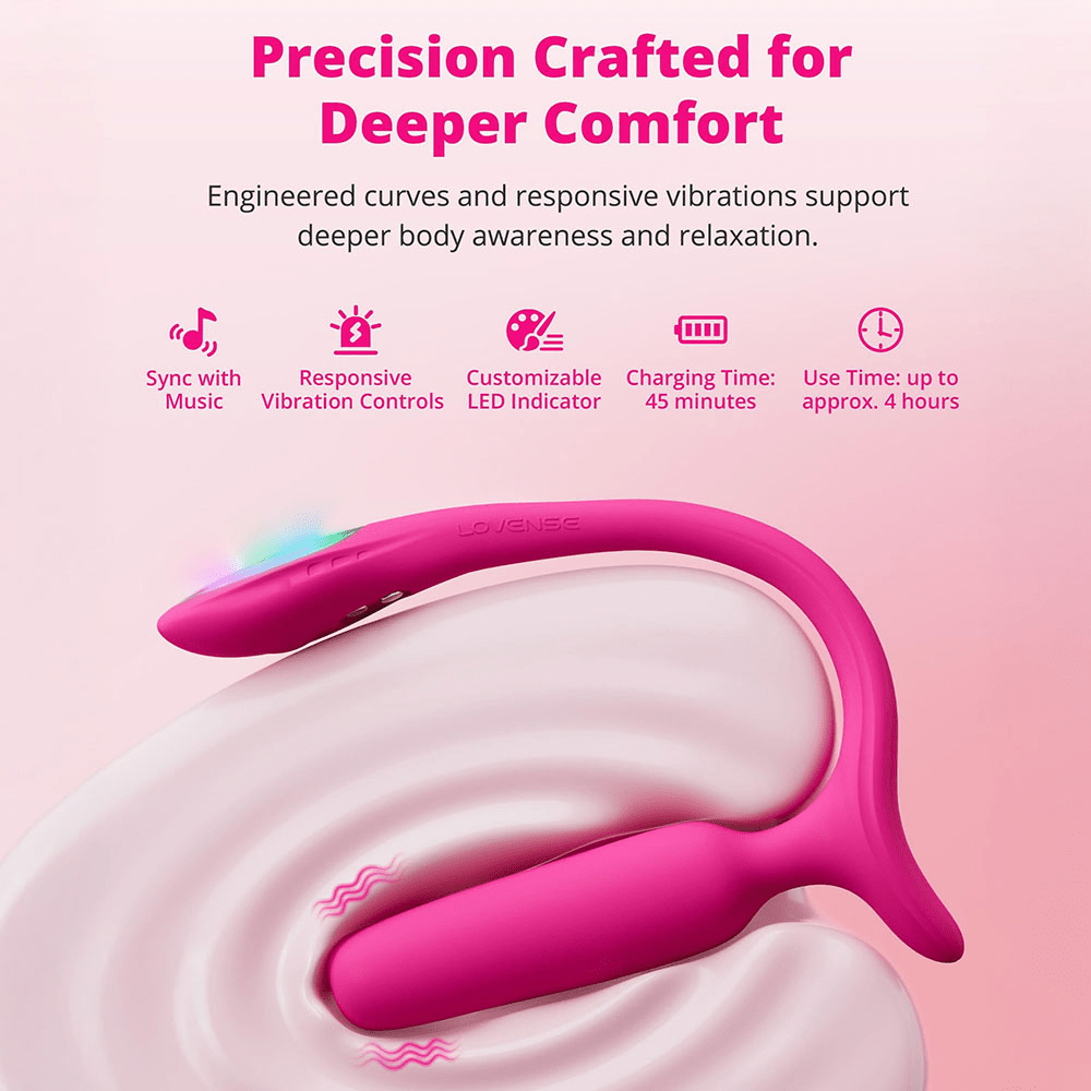 Lovense Lush Anal app-controlled butt plug features with icons and text: "precision crafted for deeper comfort: engineered curves and responsive vibrations support deeper body awareness and relaxation. Syncs with music, responsive vibration controls, customizable LED indicator, 45-minute charging time, up to 4 hours of use time"