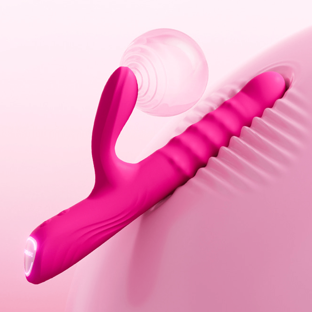 Lovense Velvo app-controlled thrusting rabbit vibrator against renderings of textured 3D surfaces indicating thrusting and rolling vibration motions