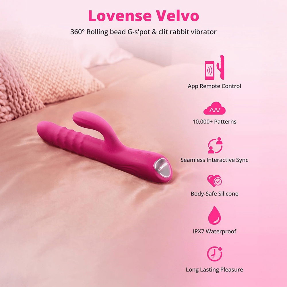 Lovense Velvo app-controlled thrusting rabbit vibrator with features listed: app remote control, 10,000+ patterns, seamless interactive sync for long-distance play, body-safe silicone, IPX7 waterproof, long-lasting pleasure