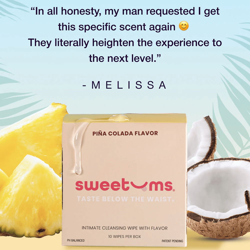 Sweetums Pina Colada flavor intimate cleansing wipes with pineapple and coconut on a light blue background and the text of a customer testimonial
