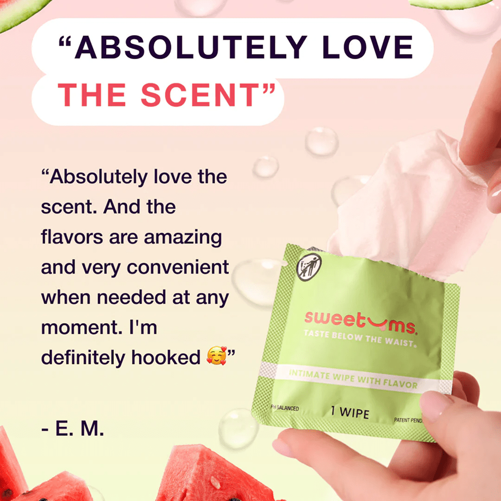 Hand holding a green Sweetums intimate wipe packet, surrounded by watermelon slices and bubbles on a pink background with the text of a customer testimonial