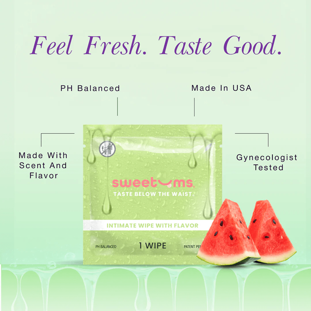 Sweetums intimate wipe packet with watermelon slices on a light green background, featuring text about product features: "made with scent and flavor; pH balanced; made in USA; gynecologist tested"