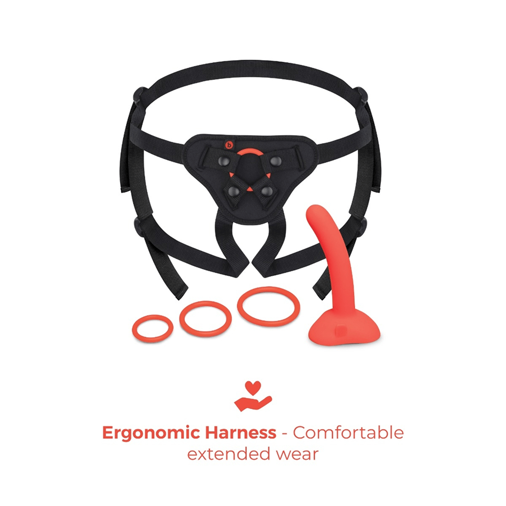 B-Vibe Beginners Strap-On Harness Set with 5-Inch Silicone Dildo Peg kit on a white background with text about ergonomic comfort for extended wear