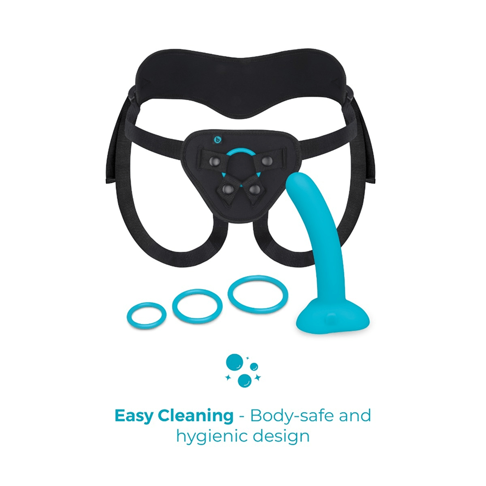 B-Vibe Every Body Strap-On Dildo Harness Set on a white background with text that reads "Easy cleaning: body-safe and hygienic design"